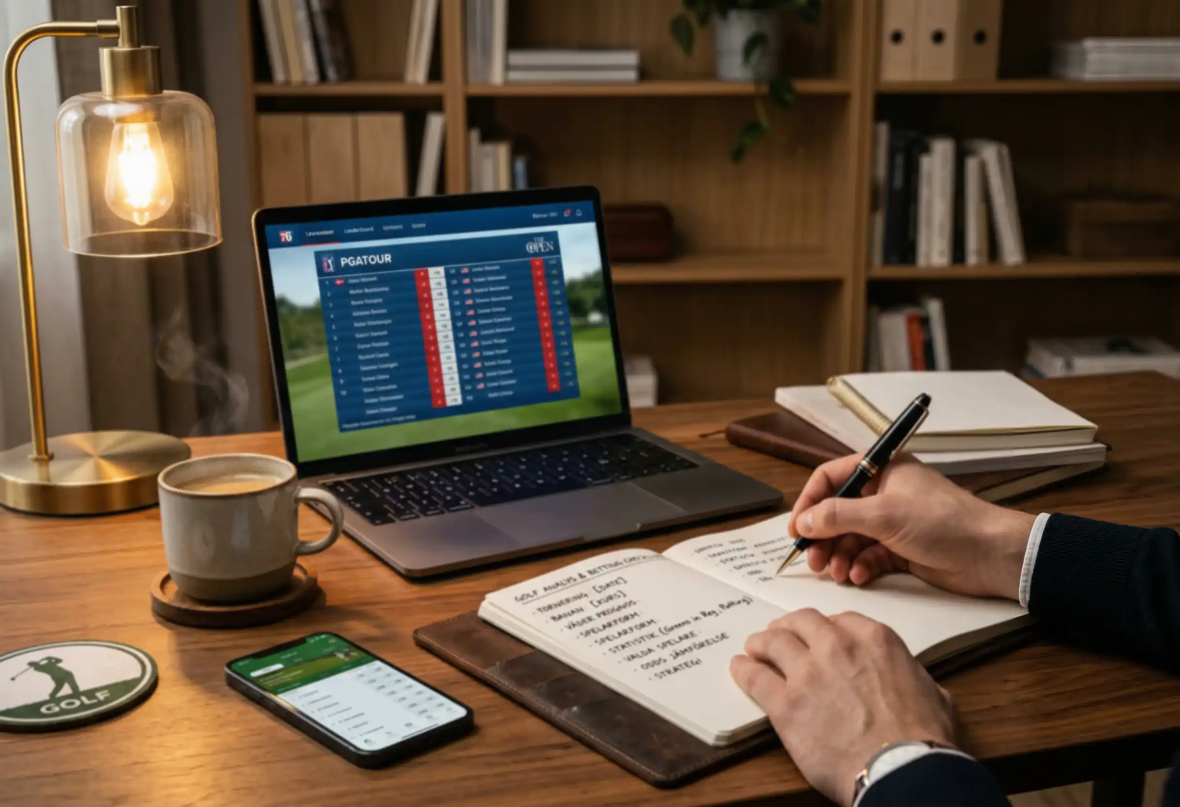 Person analyserar golfstatistik på laptop med anteckningsblock bredvid